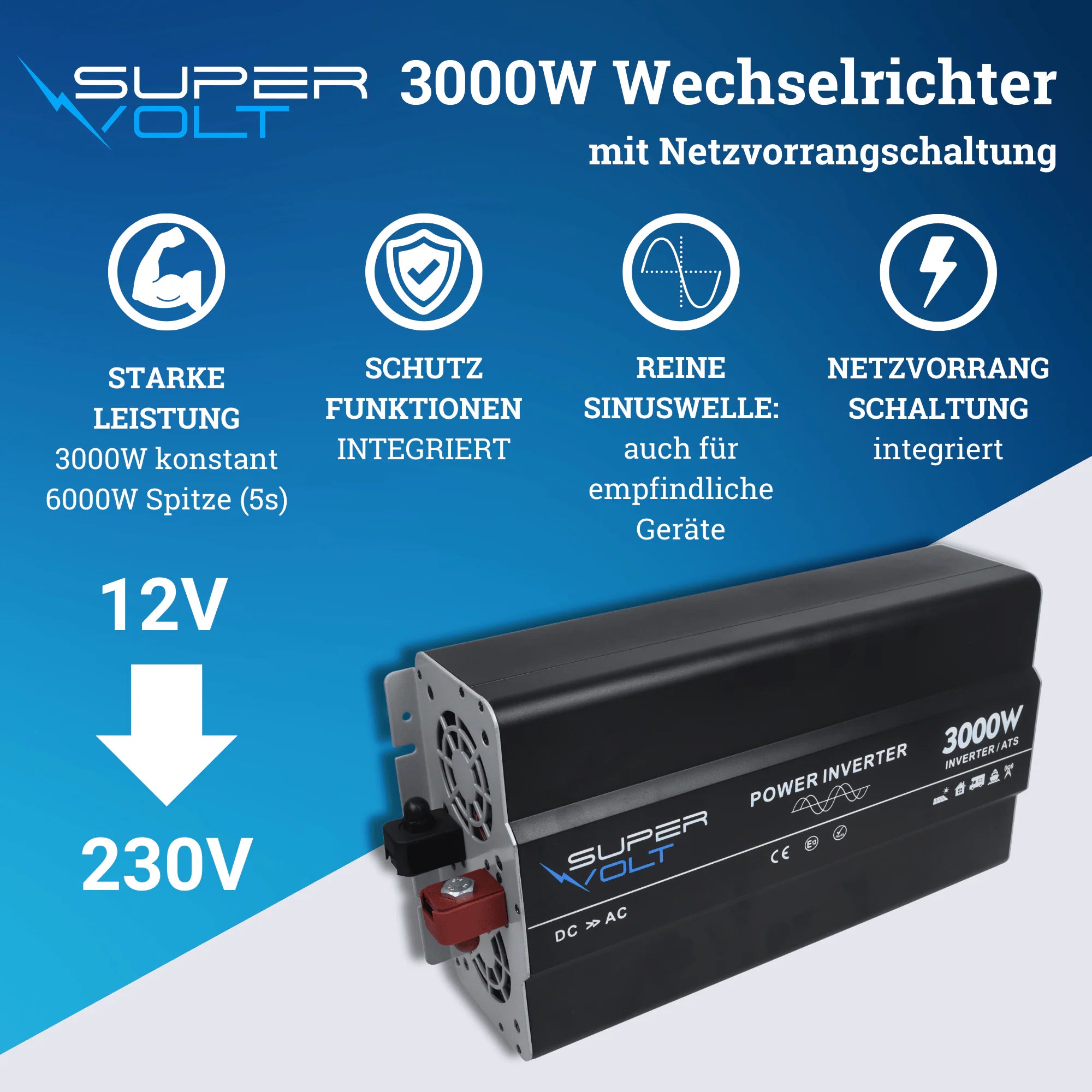 Supervolt 12V 3000W Wechselrichter – Reiner Sinus, Netzvorrang & FI-Schutz
