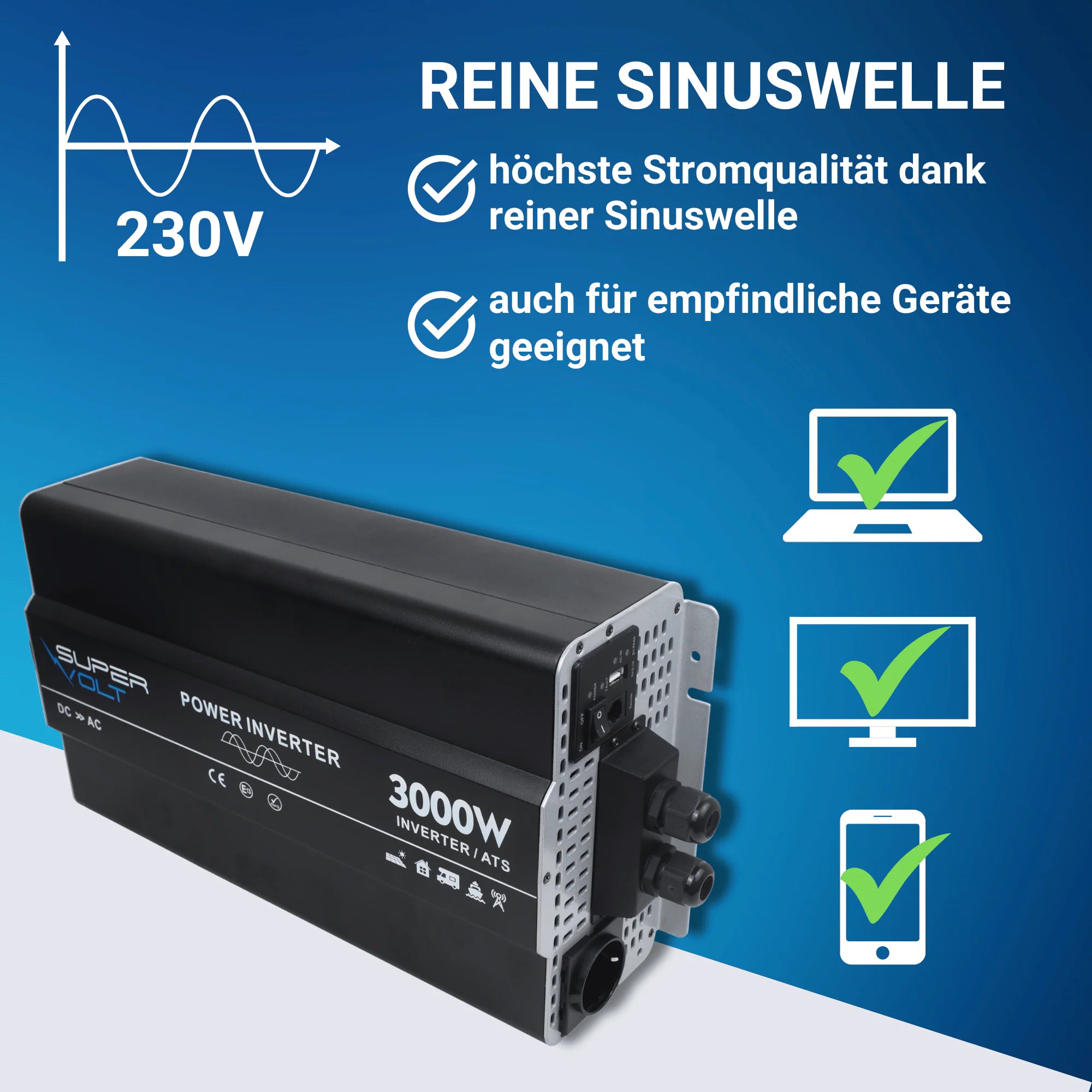 Supervolt 12V 3000W Wechselrichter – Reiner Sinus, Netzvorrang & FI-Schutz