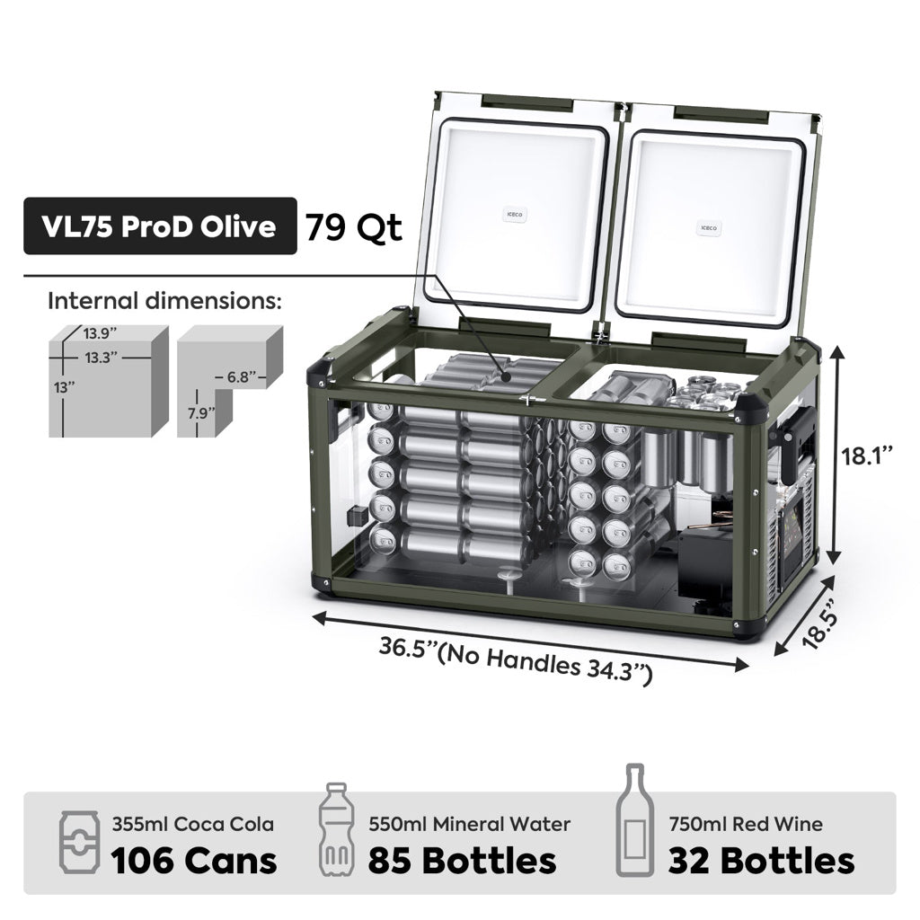 ICECO VL75PROD Kompressor-Kühlbox, Dual-Zone, Olivegrün/Grau