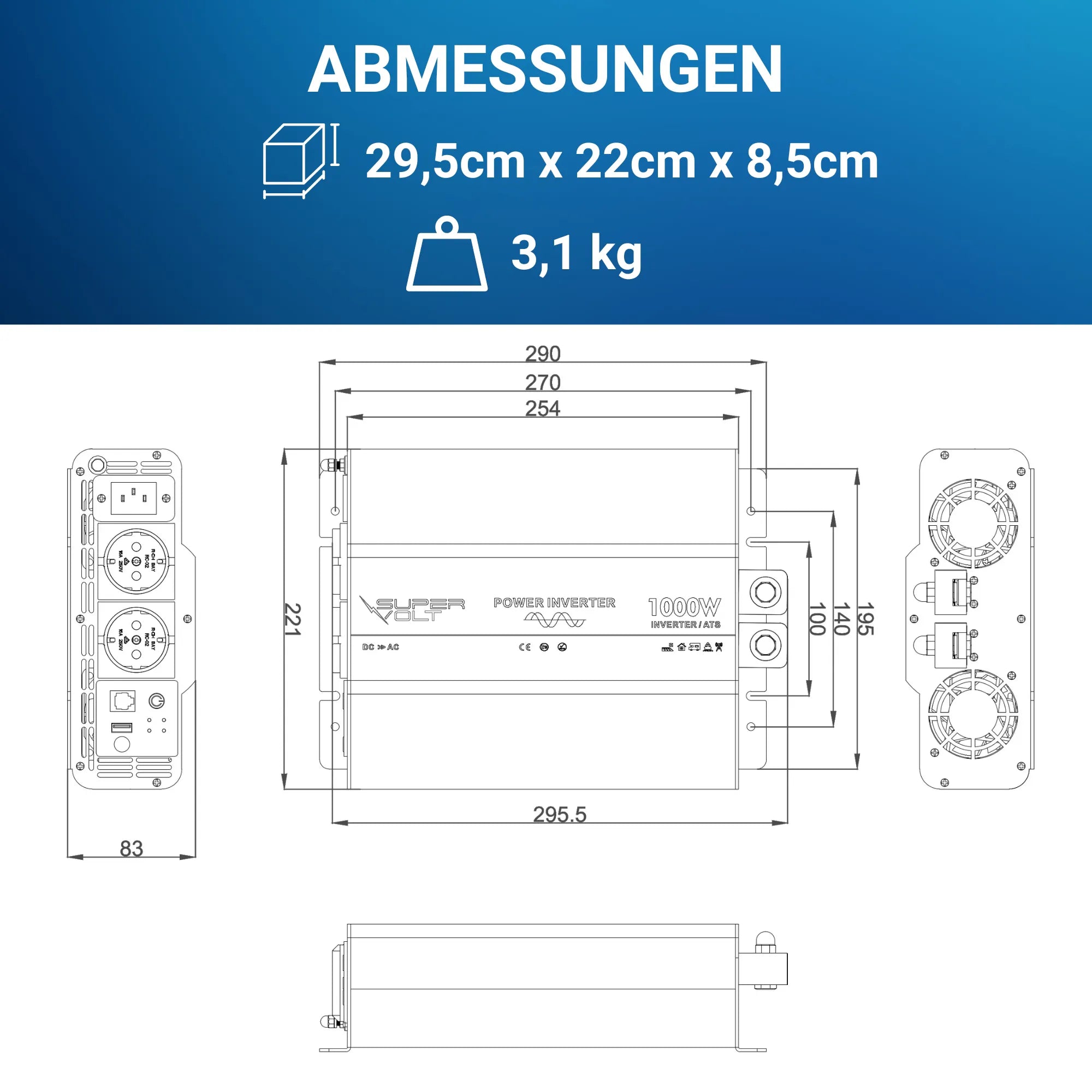 Supervolt 12V 1000W Wechselrichter – Reiner Sinus, Netzvorrang & FI-Schutz