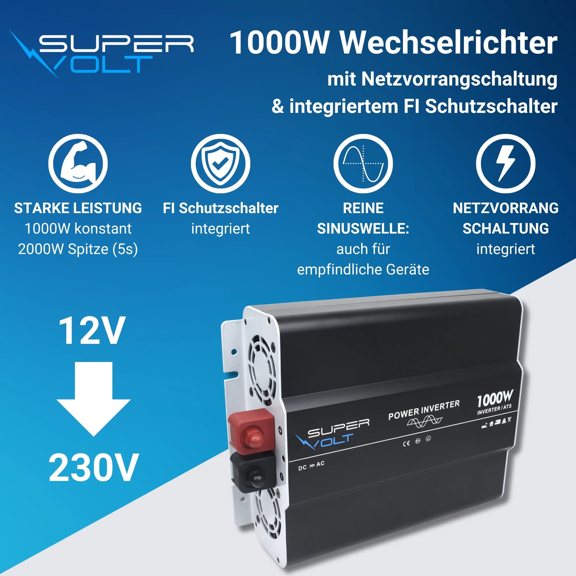 Supervolt 12V 1000W Wechselrichter – Reiner Sinus, Netzvorrang & FI-Schutz