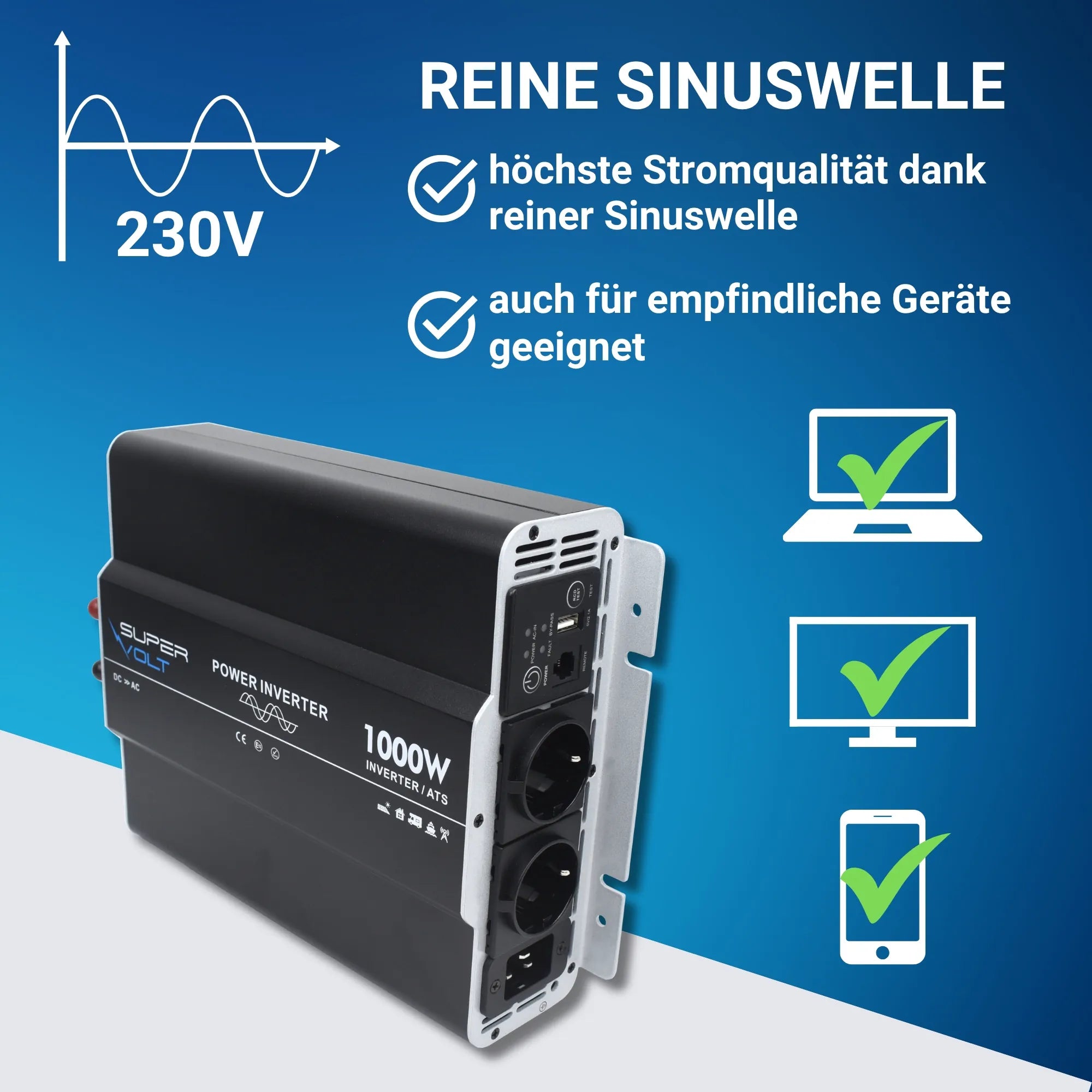 Supervolt 12V 1000W Wechselrichter – Reiner Sinus, Netzvorrang & FI-Schutz