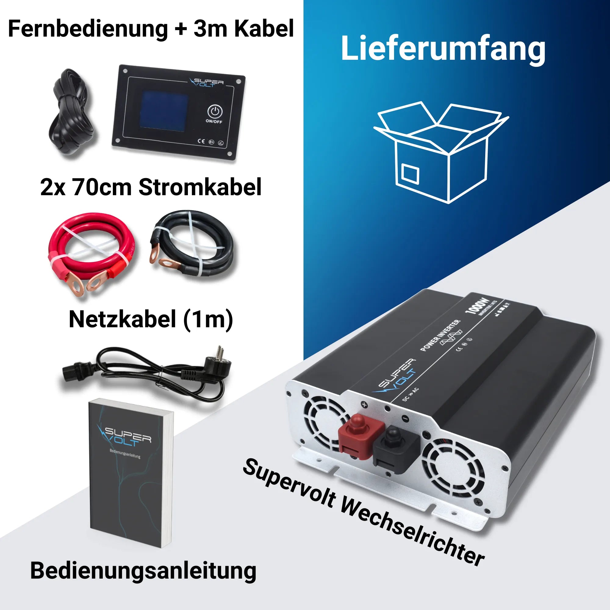 Supervolt 12V 1000W Wechselrichter – Reiner Sinus, Netzvorrang & FI-Schutz