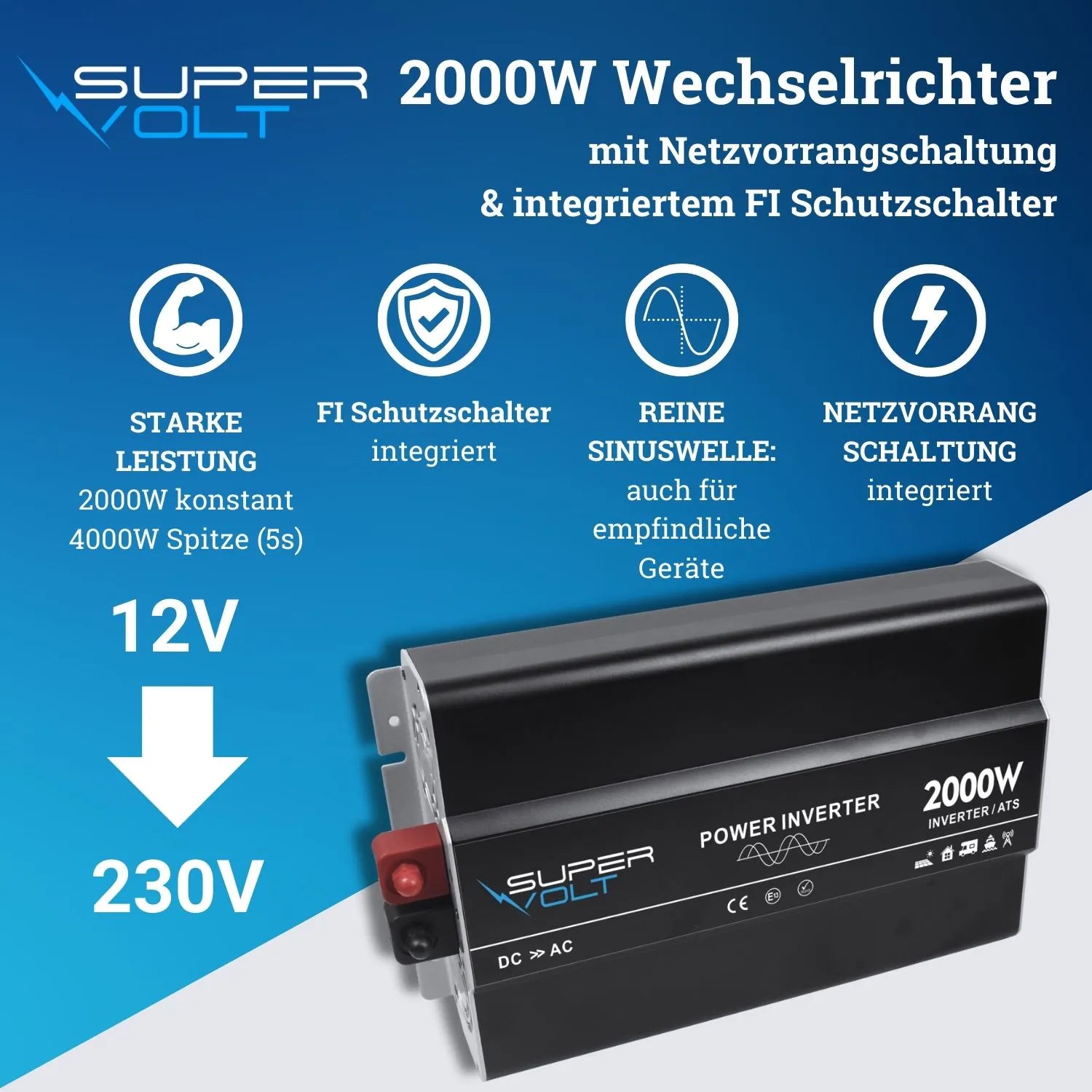 Supervolt 12V 2000W Wechselrichter – Reiner Sinus, Netzvorrang & FI-Schutz