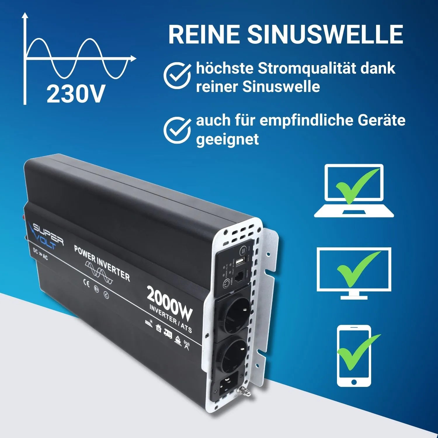 Supervolt 12V 2000W Wechselrichter – Reiner Sinus, Netzvorrang & FI-Schutz